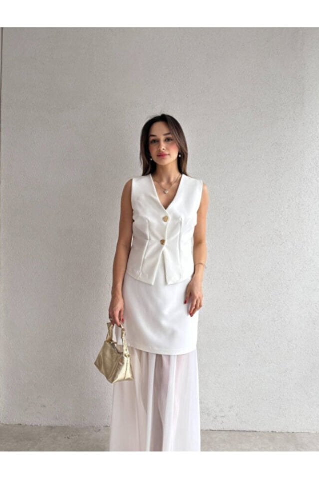 Kadın İki Parça Takım – Yelek, Mini Şifon Uzun Etek Kombin | Siyah – Sarı – Beyaz