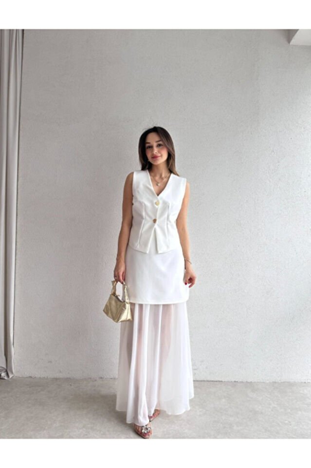 Kadın İki Parça Takım – Yelek, Mini Şifon Uzun Etek Kombin | Siyah – Sarı – Beyaz