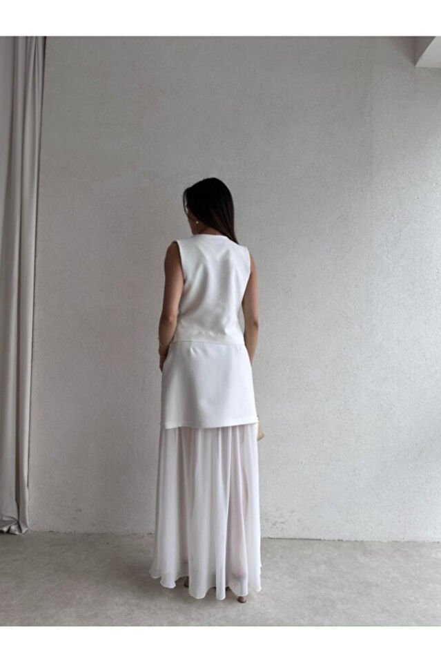 Kadın İki Parça Takım – Yelek, Mini Şifon Uzun Etek Kombin | Siyah – Sarı – Beyaz