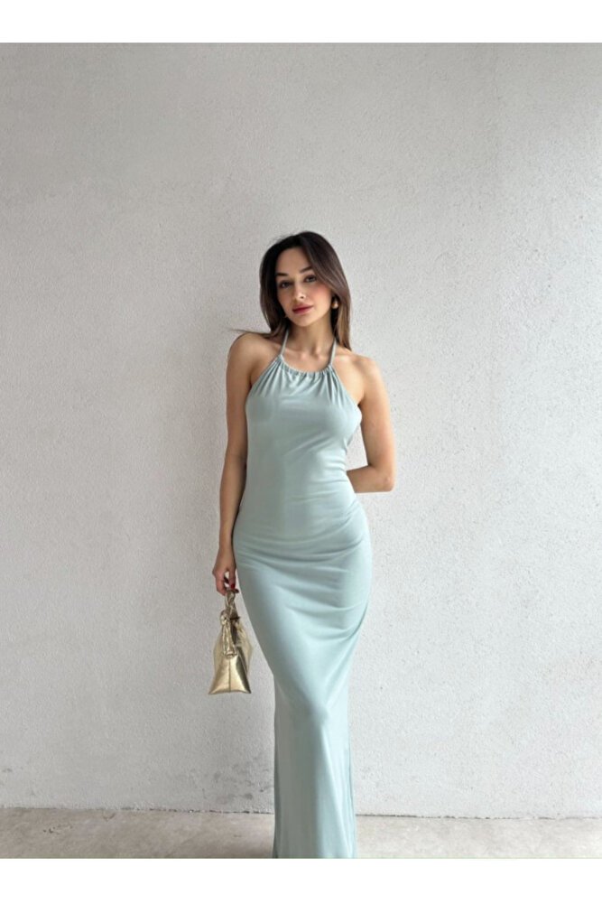 Kadın Boyundan Bağlamalı Sırt Dekolteli Uzun Elbise - Siyah | Mint Yeşili | Bordo