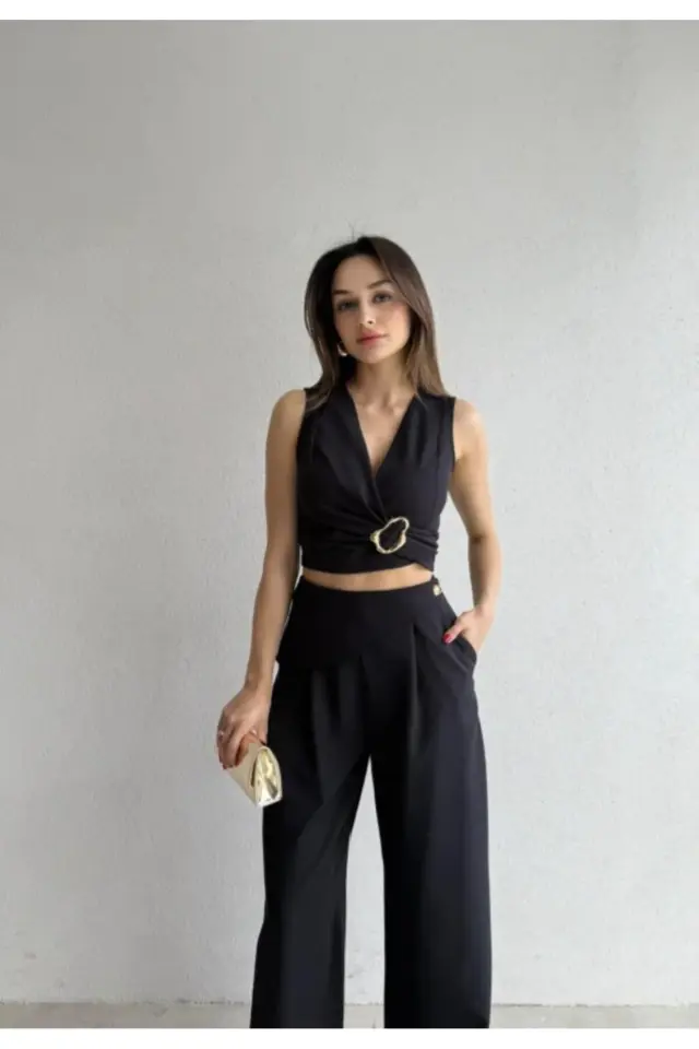 Kuşaklı Tokalı Crop Bluz ve Palazzo Pantolon Takım 5093 Siyah - S