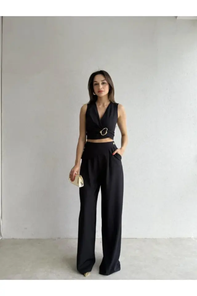 Kuşaklı Tokalı Crop Bluz ve Palazzo Pantolon Takım 5093 Siyah - S