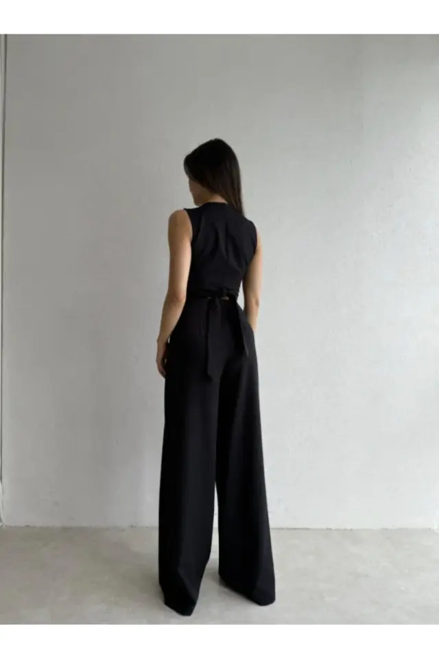 Kuşaklı Tokalı Crop Bluz ve Palazzo Pantolon Takım 5093 Siyah - S