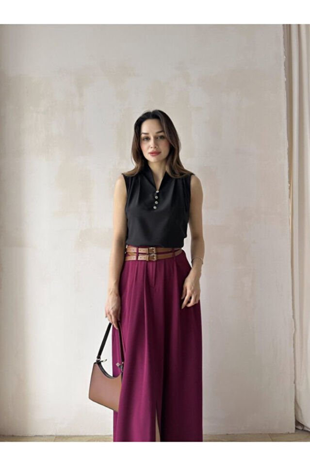 Kadın Siyah Düğme Detaylı Kolsuz Saten Bluz