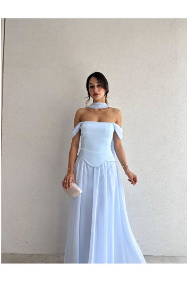 Mavi Kruvaze Yaka Drapeli Saten Abiye Elbise – Omzu Açık