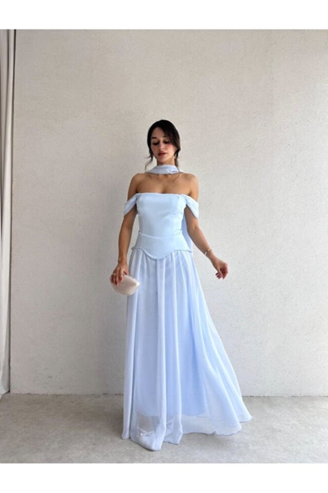 Mavi Kruvaze Yaka Drapeli Saten Abiye Elbise – Omzu Açık