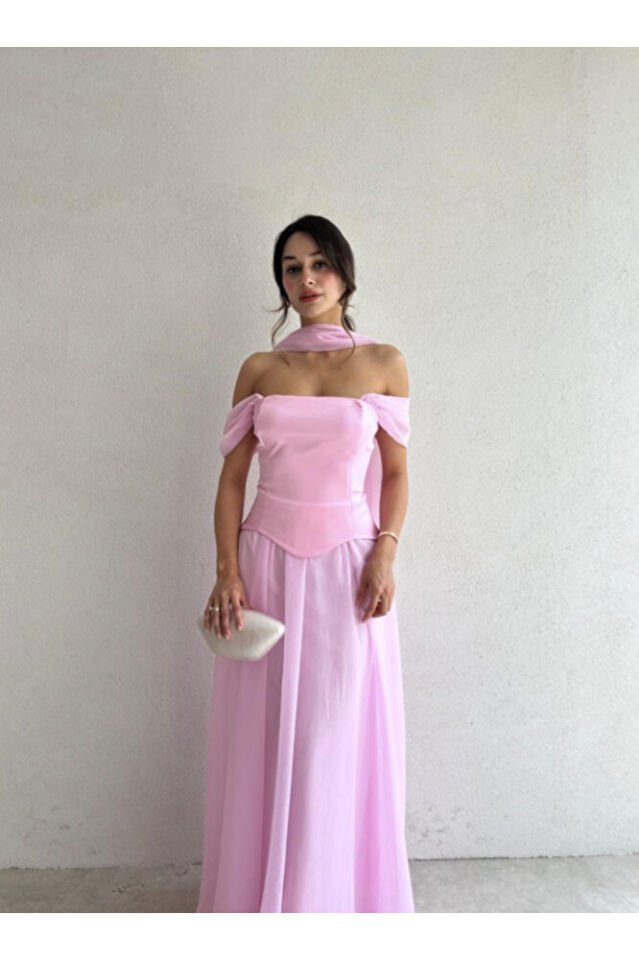 Mavi Kruvaze Yaka Drapeli Saten Abiye Elbise – Omzu Açık