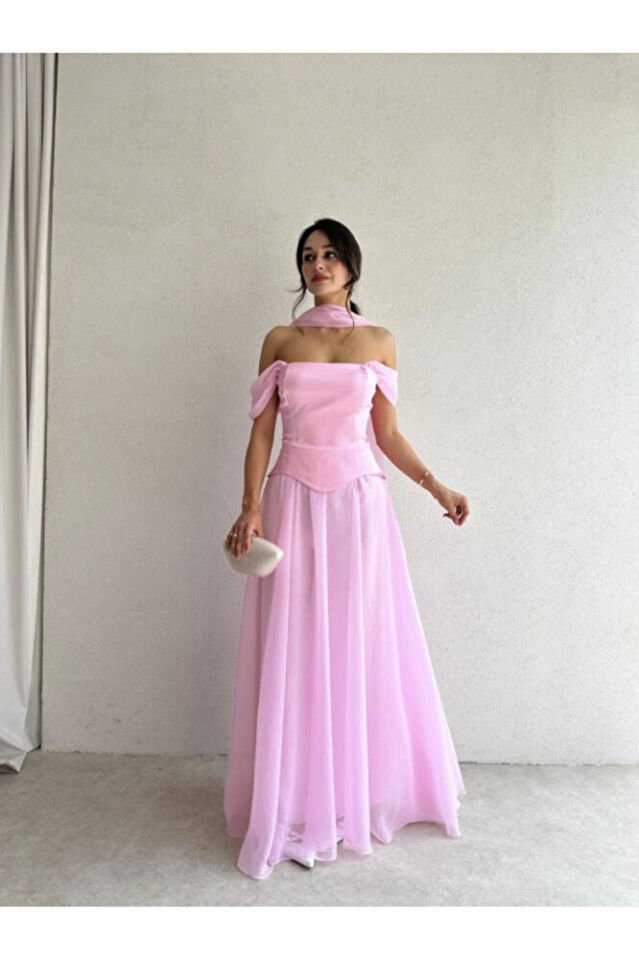 Mavi Kruvaze Yaka Drapeli Saten Abiye Elbise – Omzu Açık