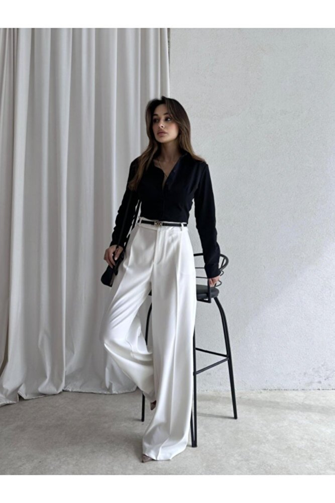 Kadın Beyaz Yüksek Bel Palazzo Pantolon – Şık ve Modern Kesim