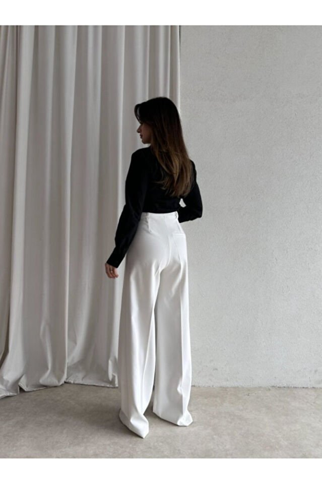 Kadın Beyaz Yüksek Bel Palazzo Pantolon – Şık ve Modern Kesim