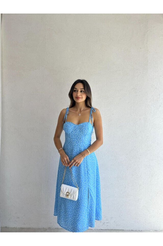 Fiyonk Askılı Yırtmaç Detaylı Puantiyeli Midi Elbise – Mavi / Pembe / Vizon / Somon