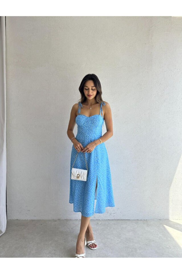 Fiyonk Askılı Yırtmaç Detaylı Puantiyeli Midi Elbise – Mavi / Pembe / Vizon / Somon