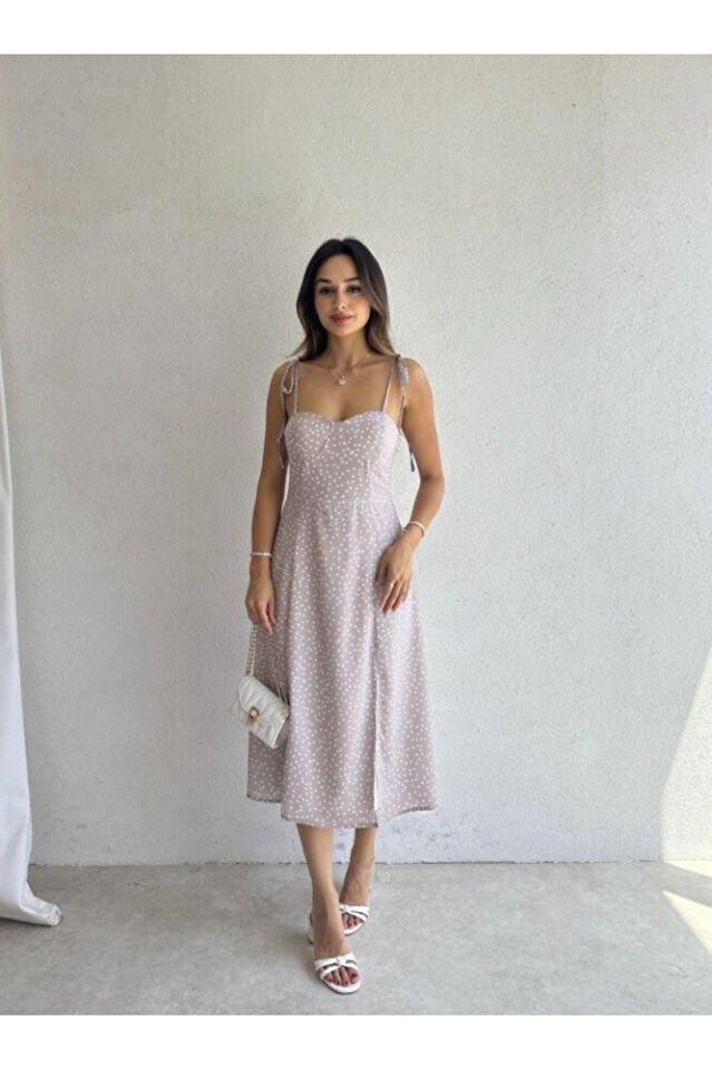 Fiyonk Askılı Yırtmaç Detaylı Puantiyeli Midi Elbise – Mavi / Pembe / Vizon / Somon