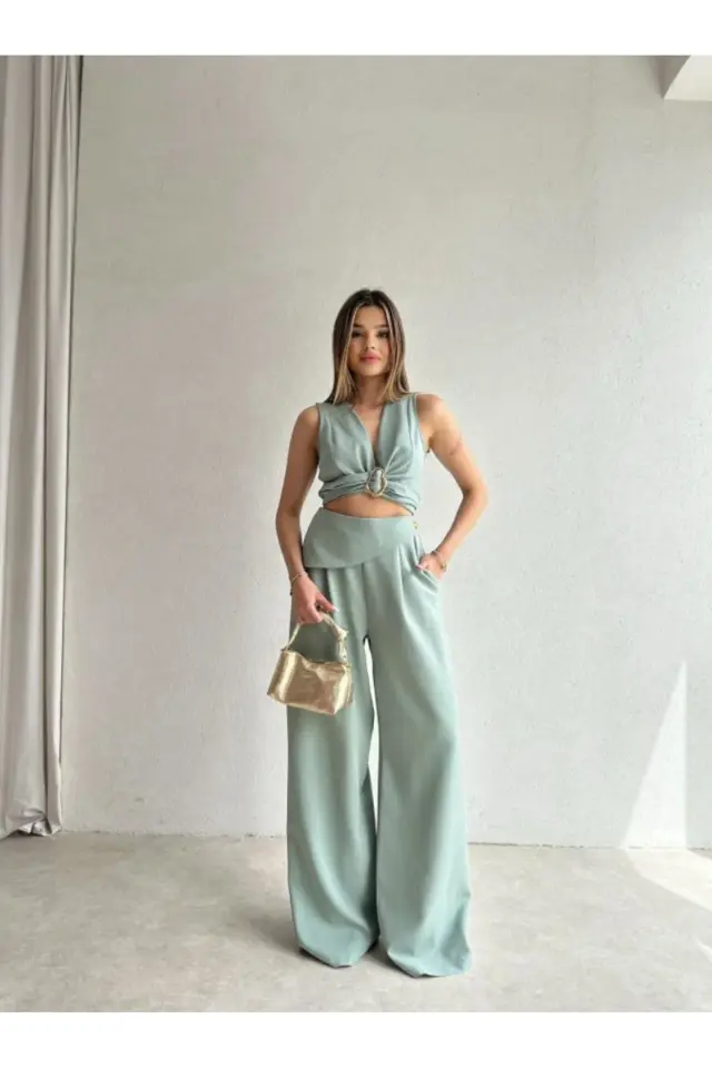 Kuşaklı Tokalı Crop Bluz ve Palazzo Pantolon Takım 5093 Yeşil - L
