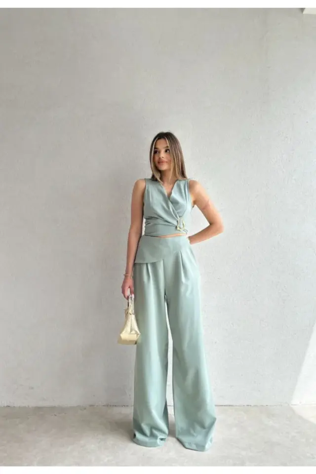 Kuşaklı Tokalı Crop Bluz ve Palazzo Pantolon Takım 5093 Yeşil - L