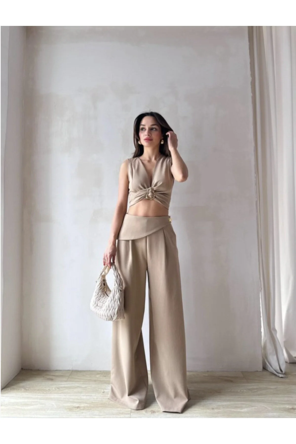 Kuşaklı Tokalı Crop Bluz ve Palazzo Pantolon Takım 5093 Vizon - XL
