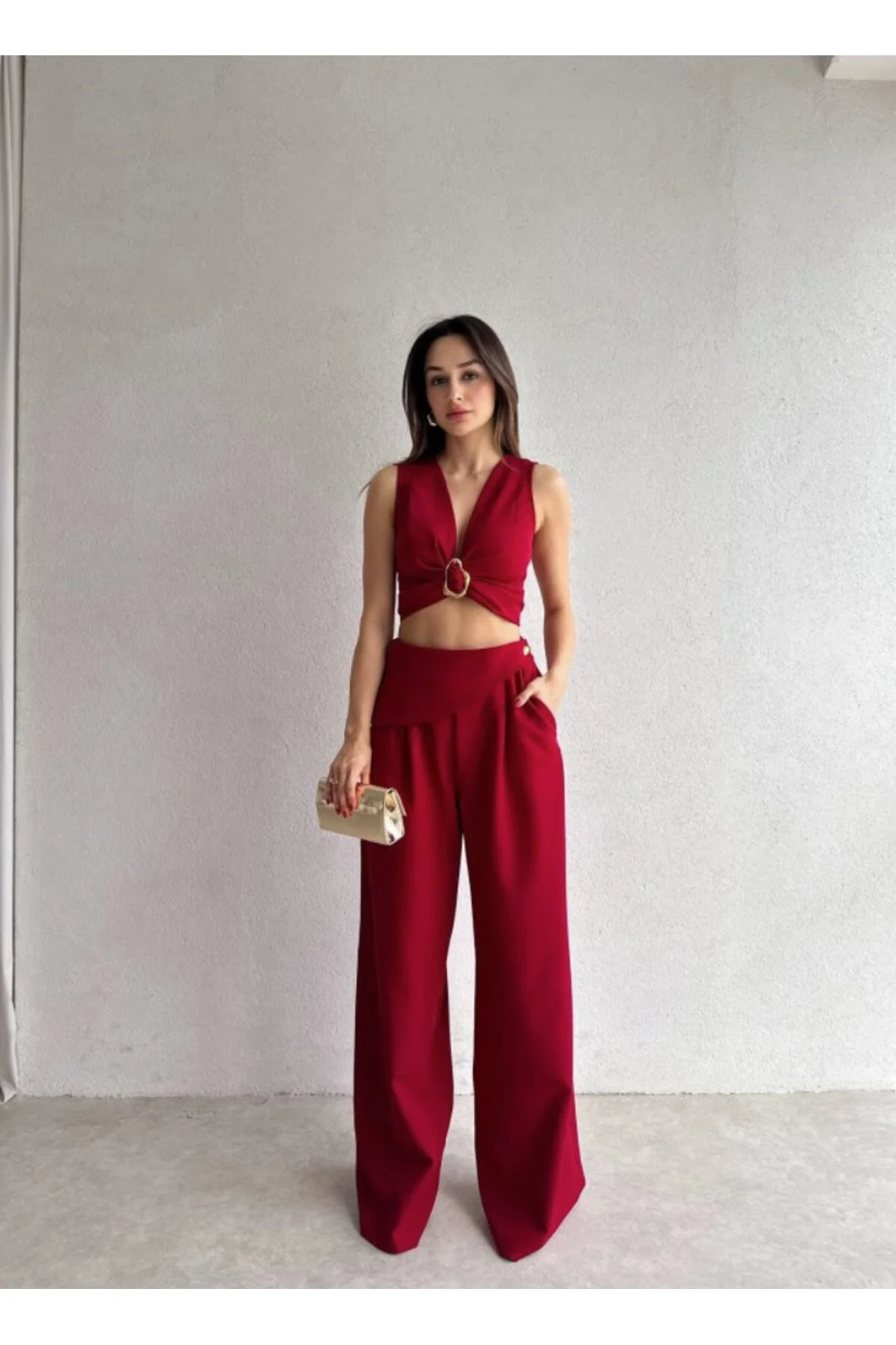 Kuşaklı Tokalı Crop Bluz ve Palazzo Pantolon Takım 5093 Bordo - XL