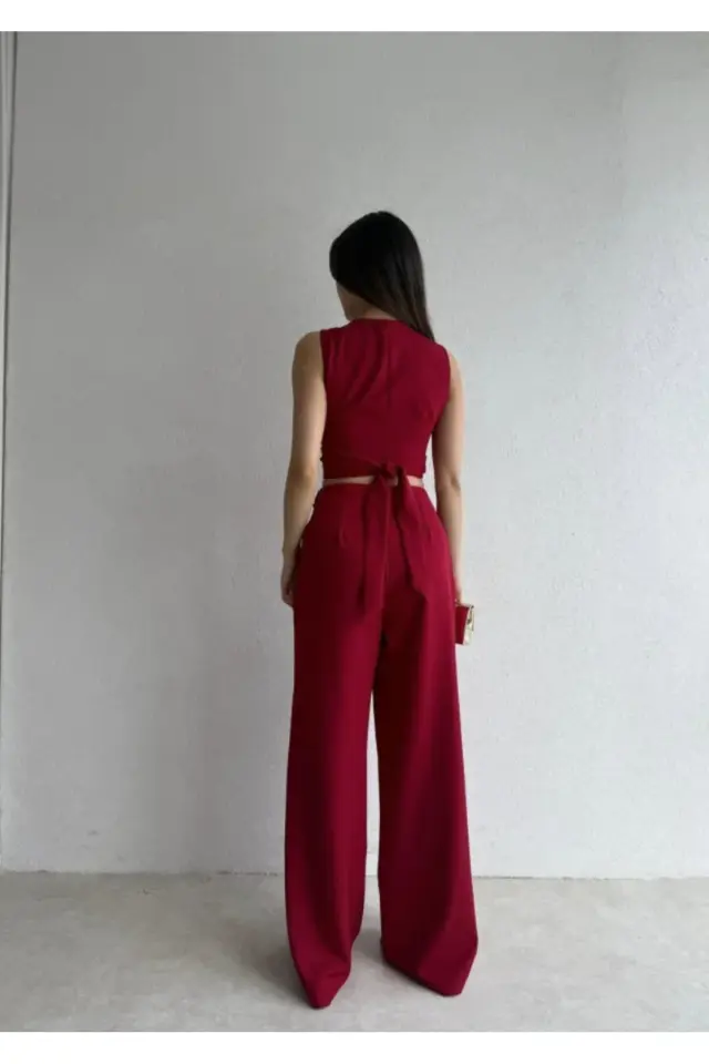 Kuşaklı Tokalı Crop Bluz ve Palazzo Pantolon Takım 5093 Bordo - XL