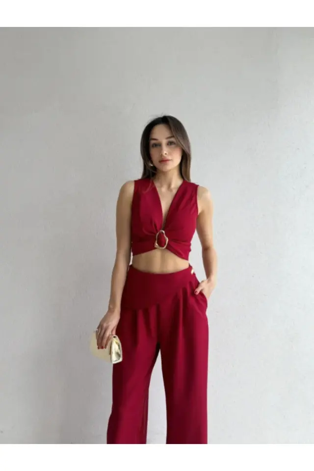 Kuşaklı Tokalı Crop Bluz ve Palazzo Pantolon Takım 5093 Bordo - XL