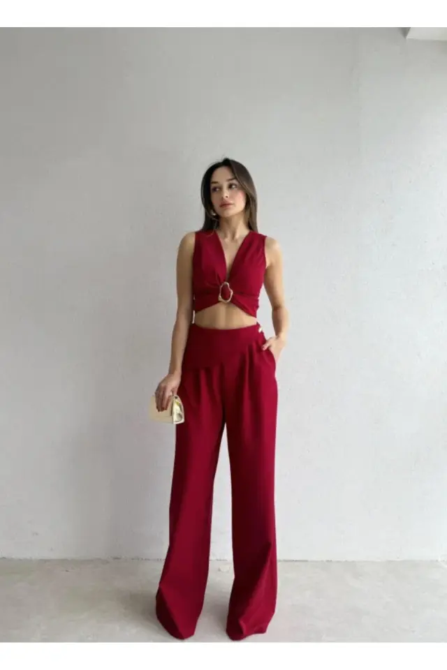 Kuşaklı Tokalı Crop Bluz ve Palazzo Pantolon Takım 5093 Bordo - XL