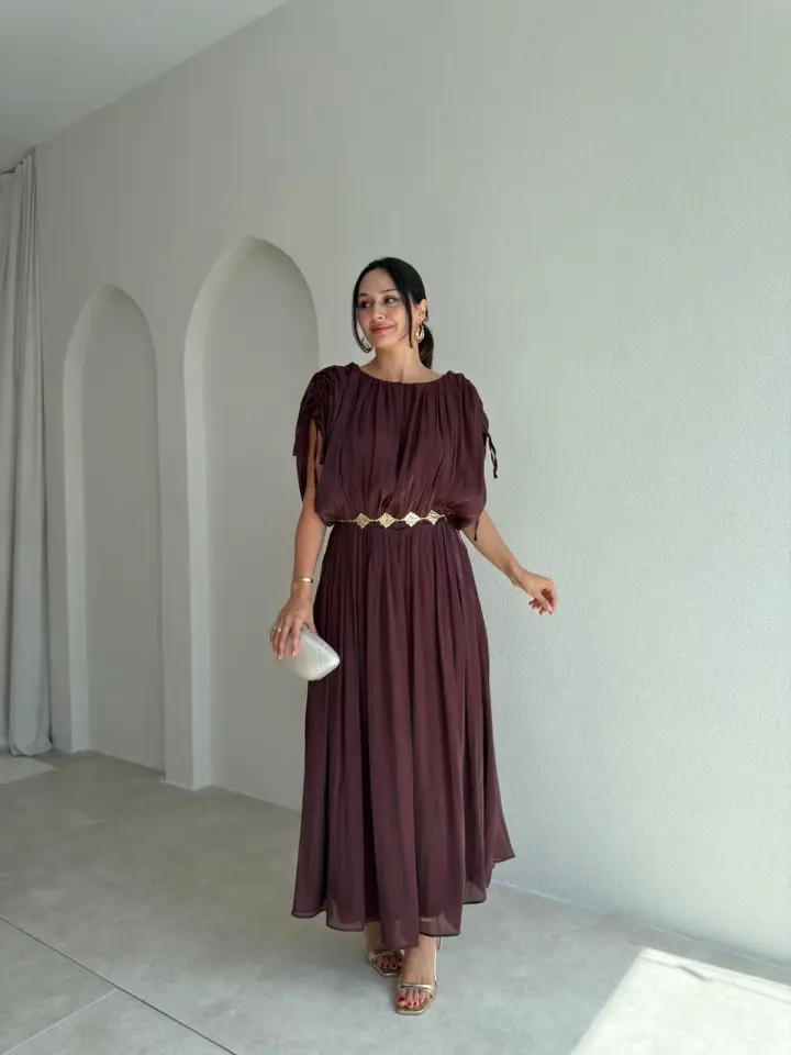 Pileli Drapeli Kemer Detaylı Midi Elbise 0006 Bordo - XL