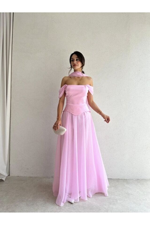 Kruvaze Yaka Drapeli Saten Abiye Elbise 5113 Pembe - XL