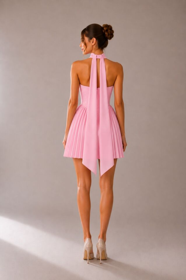 Şal Detaylı Straplez Mini Elbise 6095 Pembe - L
