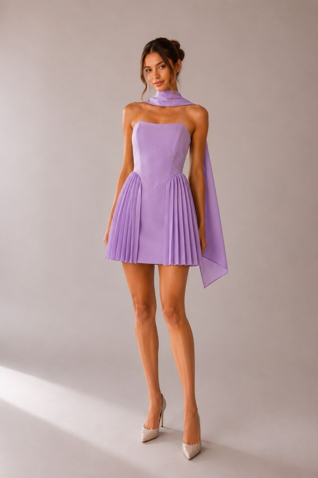Şal Detaylı Straplez Mini Elbise 6095 Lila - XL