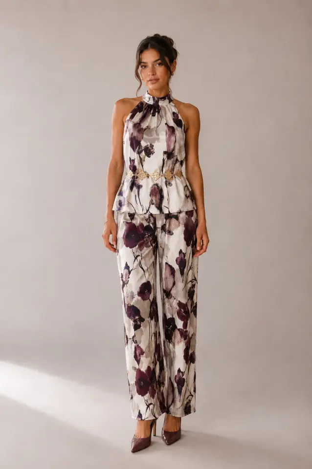 Desenli Yaka Detaylı Palazzo Pantolon Takım 6103 Bordo - XL