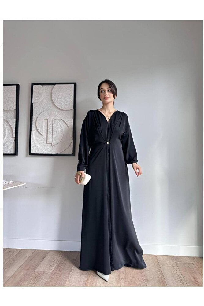 Uzun Kollu Metal Tokalı Yırtmaçlı Maxi Elbise 5138 Siyah - S