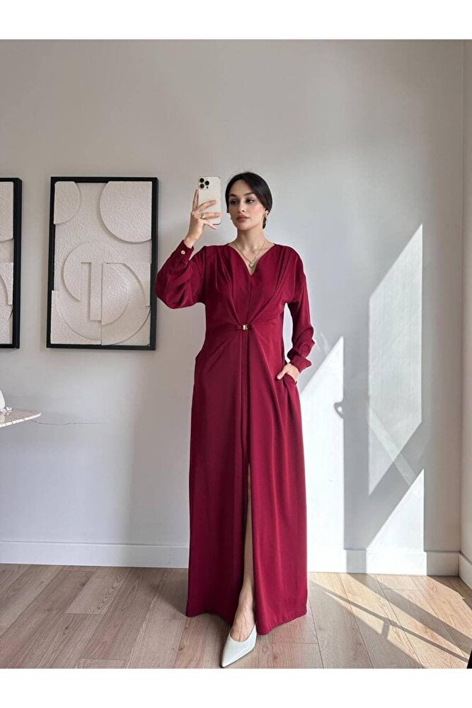 Uzun Kollu Metal Tokalı Yırtmaçlı Maxi Elbise 5138 Bordo - M