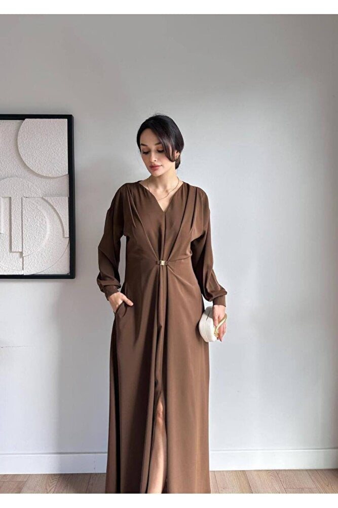 Uzun Kollu Metal Tokalı Yırtmaçlı Maxi Elbise 5138 Acı Kahve - L
