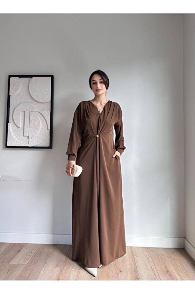 Uzun Kollu Metal Tokalı Yırtmaçlı Maxi Elbise 5138 Acı Kahve - L