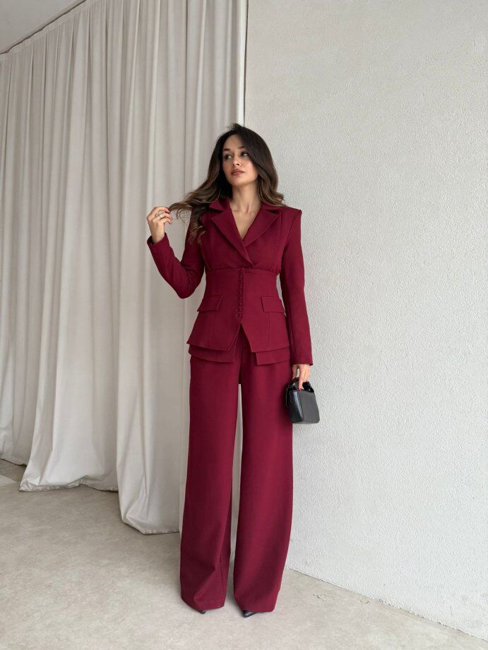 Klasik Kesim Blazer Ceket Pantolon Takım 6021 Bordo - M