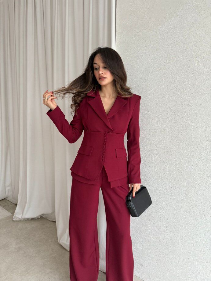 Klasik Kesim Blazer Ceket Pantolon Takım 6021 Bordo - L