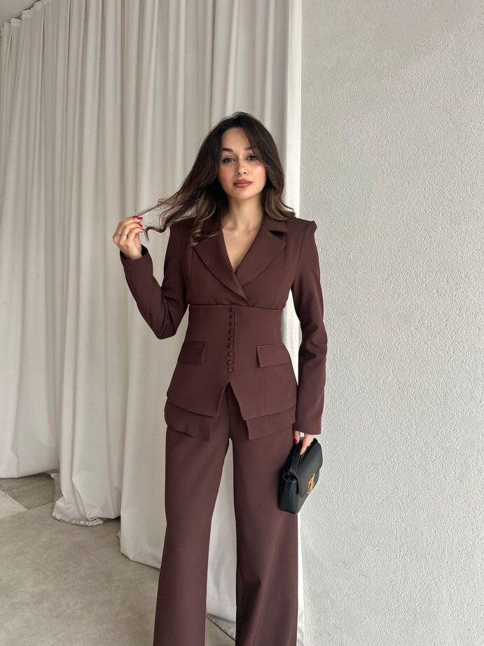 Klasik Kesim Blazer Ceket Pantolon Takım 6021 Kahverengi - L