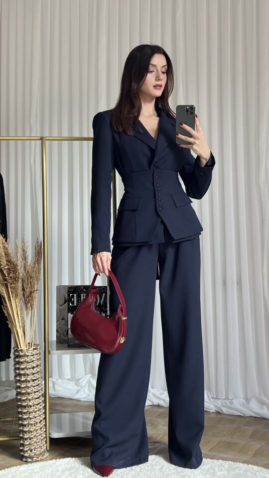 Klasik Kesim Blazer Ceket Pantolon Takım 6021 Lacivert - L