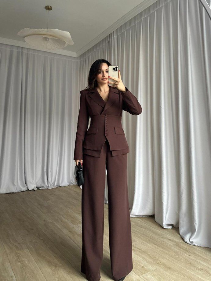 Klasik Kesim Blazer Ceket Pantolon Takım 6021 Kahverengi - XL