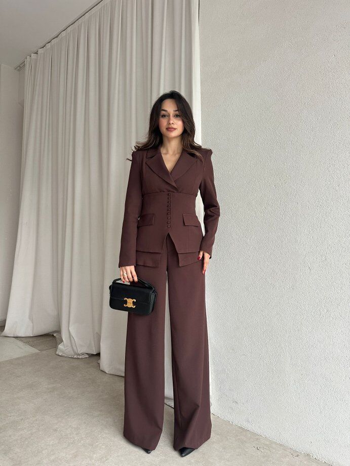 Klasik Kesim Blazer Ceket Pantolon Takım 6021 Kahverengi - XL