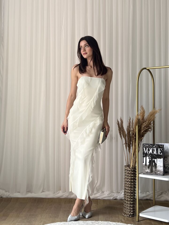 Askılı Şifon Tül Katmanlı Uzun Abiye Elbise 2065 Vizon - L