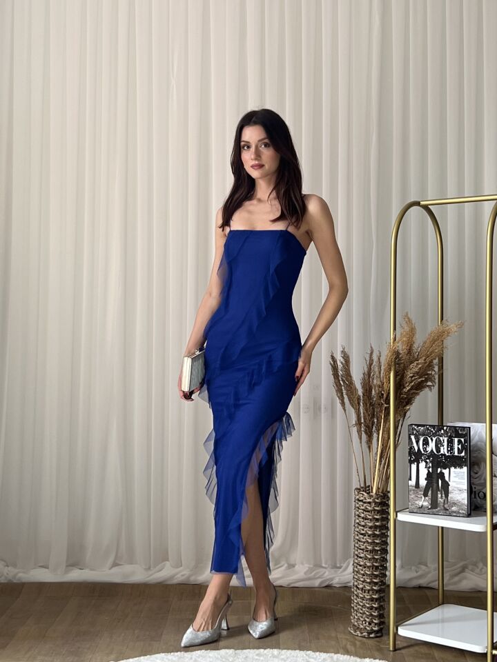Askılı Şifon Tül Katmanlı Uzun Abiye Elbise 2065 Saks Mavisi - L