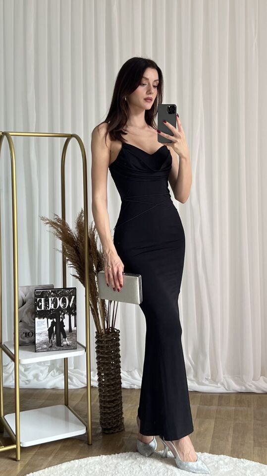 İnce Askılı Çapraz Detaylı Uzun Abiye Elbise 2069 Siyah - M